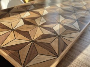 Geometric Table Art Deco Walnut, Elm and Maple with Gold and Black Resin Inlay