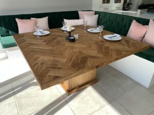 Square Luxury Handmade Dining Table Solid Oak Herringbone design - Bespoke Parquet with Handmade Base