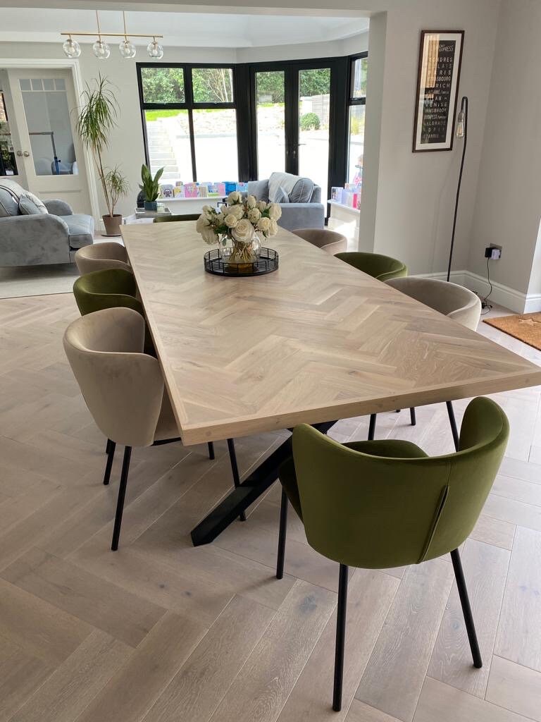 Herringbone Parquet Luxury Bespoke Dining Table Solid Oak Tapered Scandi Style Legs 07 - Image 2