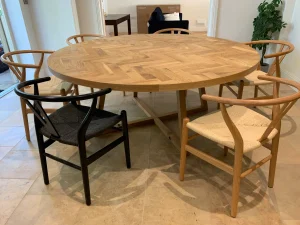 Round Herringbone Dining Table - Solid Oak - Wooden Double Trapezoid Legs