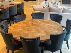 Round Herringbone Luxury Handmade Dining Table - Solid Oak - Black Steel Spider Legs