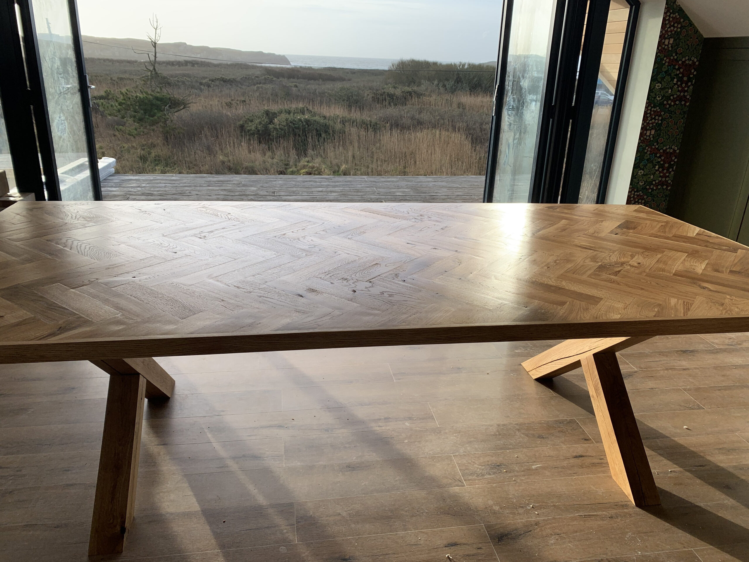 Herringbone Parquet Dining Table Solid Oak Crossover Legs Handmade Luxury Bespoke - Image 4
