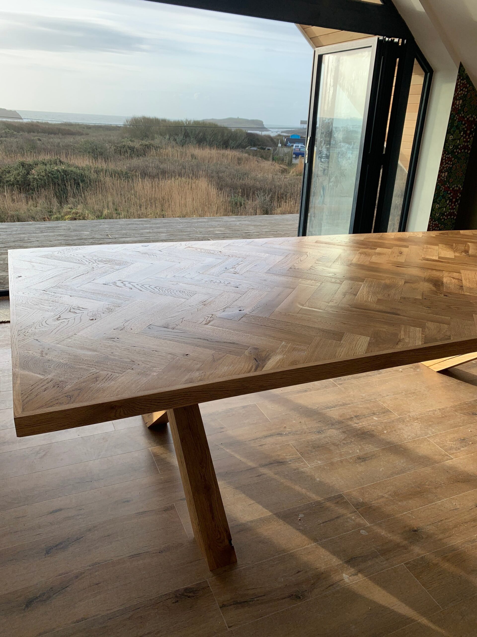 Herringbone Parquet Dining Table Solid Oak Crossover Legs Handmade Luxury Bespoke - Image 3