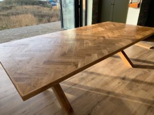 Herringbone Parquet Dining Table Solid Oak Crossover Legs Handmade Luxury Bespoke