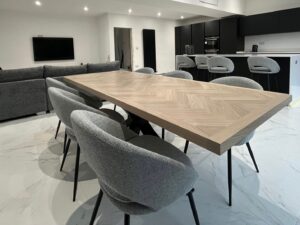 Herringbone Parquet Solid Oak Dining Table Bespoke Handmade Luxury Wide Edge