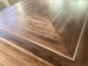 Square Parquet Table with Art Deco Resin Inlay and Matching Bench